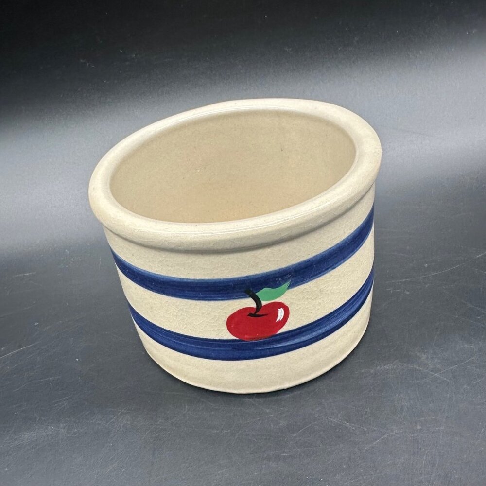 Vintage Stoneware Crock Jar Blue Stripe Cherry Apple Storage Container Farmhouse
